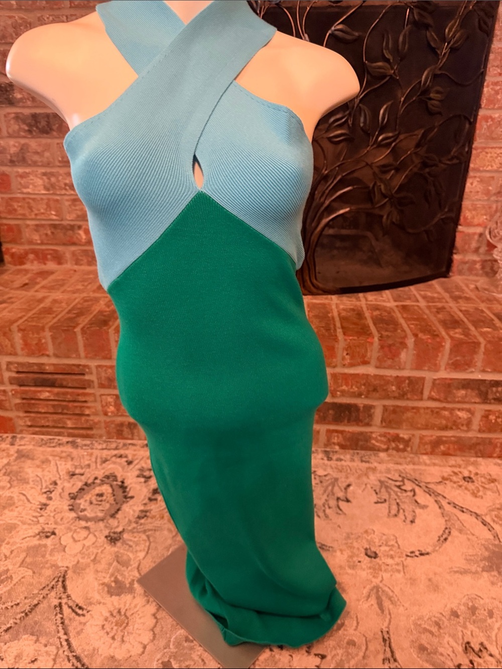 Le Superbe NWT Colorblock Knit Halter Maxi Dress Green Blue M